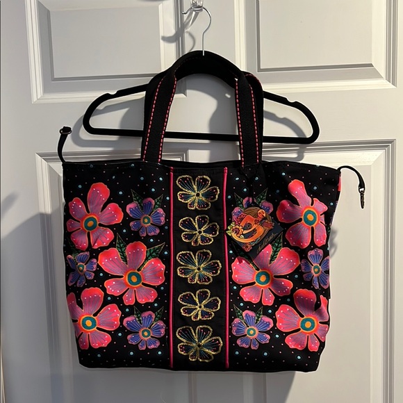 NWT Laurel Burch Black and Pink Floral Tote - Picture 1 of 4